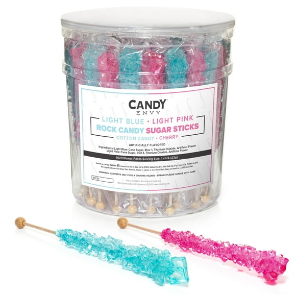 Candy Envy Light Blue and Light Pink Rock Candy Sugar Stick, 36 Count, Indiv. Wrapped
