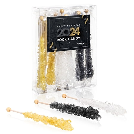 Candy Envy New Years Eve Rock Candy, Black, White, Gold, 10 Count