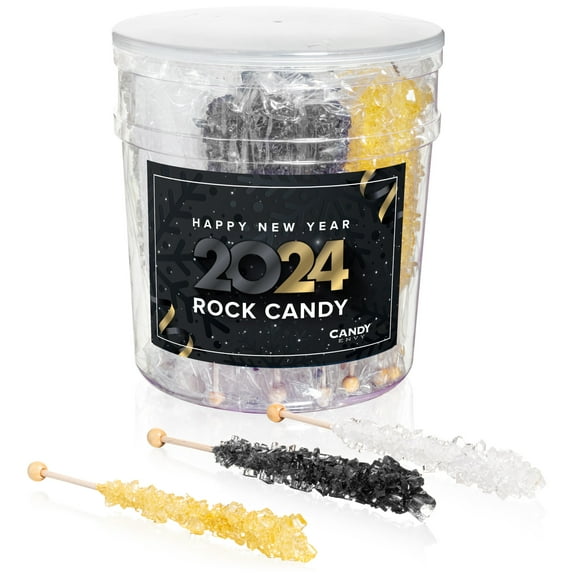 Candy Envy New Years Eve Rock Candy, Black, White & Gold, 36 Count