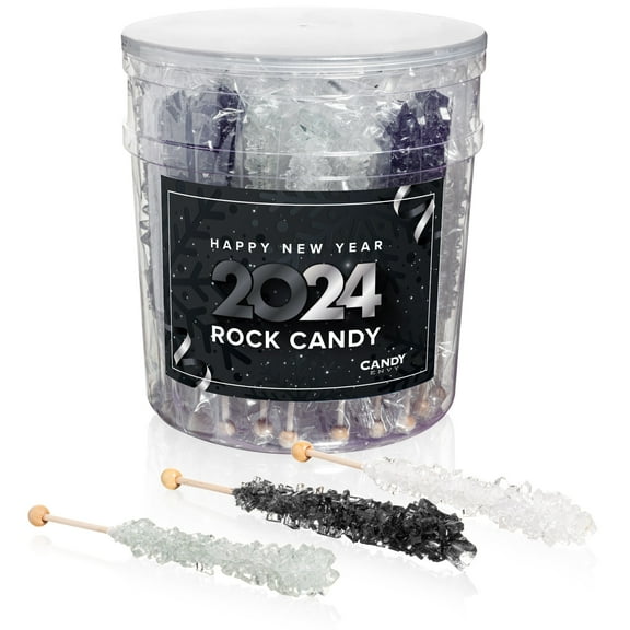 Candy Envy New Years Eve Rock Candy, Black, White & Silver, 36 Count