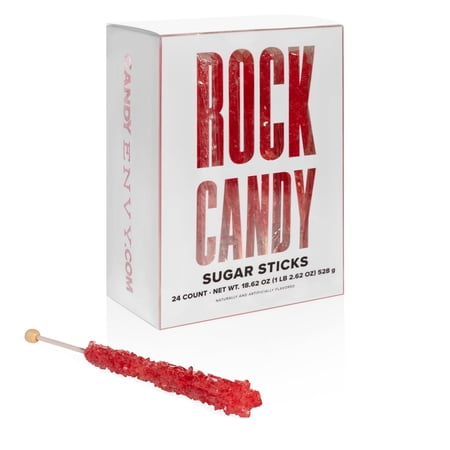 Candy Envy Red Rock Candy Sugar Stick, Strawberry Flavor, 24 Count, Individually Wrapped