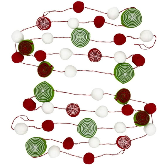 Candy Fabric Pom Pom Garland Decoration for Christmas Tree, Mantle, Banister, Crafts, Table - 6 Feet Each (Set of 2) (Candy Swirl)