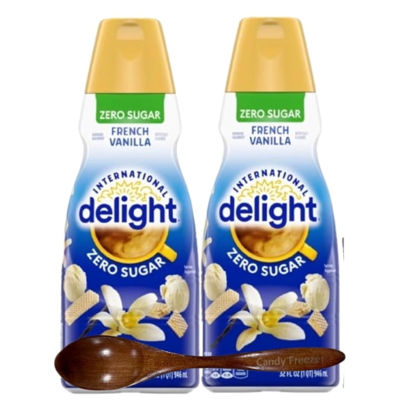 Candy Freezer Int'l Delight Shelf-stable Non-dairy Liquid Coffee Creamer.- Pack of Two (2) 32 fl oz Bottles (French Vanilla Zero Sugar) with Wooden Spoon