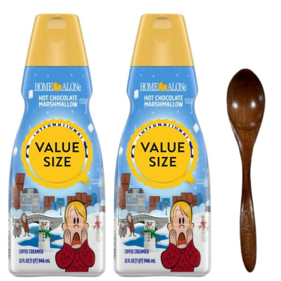 Candy Freezer Int'l Delight Shelf-stable Non-dairy Liquid Coffee Creamer.- Pack of Two (2) 32 fl oz Bottles (Hot Chocolate Marshmallow) with Wooden Spoon