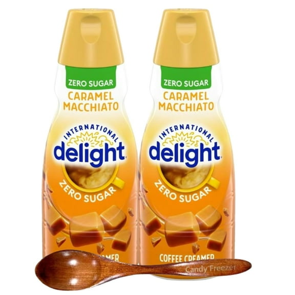 Candy Freezer Int'l Delight Shelf-stable Non-dairy Liquid Coffee Creamer.- Pack of Two (2) 32 fl oz Bottles (Zero Sugar Caramel Macchiato) with Wooden Spoon