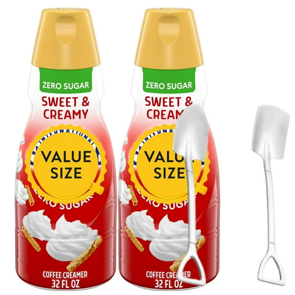 Candy Freezer Int'l Delight Shelf-stable Non-dairy Liquid Coffee Creamer.- Pack of Two (2) 32 fl oz Bottles (Zero Sugar Sweet & Creamy) with Shovel Spoon