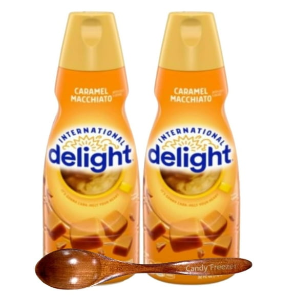 Candy Freezer Int'l Delight Shelf-stable Non-dairy Liquid Coffee Creamer.- Pack of Two (2) 32 fl oz Bottles (Caramel Macchiato) with Wooden Spoon