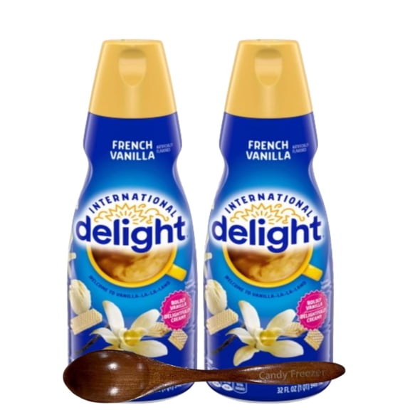Candy Freezer Int'l Delight Shelf-stable Non-dairy Liquid Coffee Creamer.- Pack of Two (2) 32 fl oz Bottles (French Vanilla) with Wooden Spoon