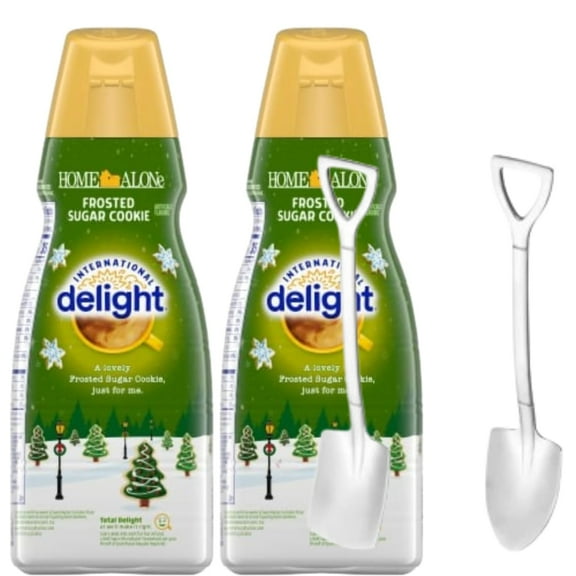 Candy Freezer Int'l Delight Shelf-stable Non-dairy Liquid Coffee Creamer.- Pack of Two (2) 32 fl oz Bottles (Frosted Sugar Cookie) with Shovel Spoon