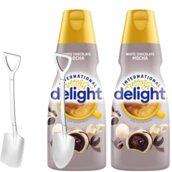 Candy Freezer Int'l Delight Shelf-stable Non-dairy Liquid Coffee Creamer.- Pack of Two (2) 32 fl oz Bottles (White Chocolate Mocha) with Shovel Spoon