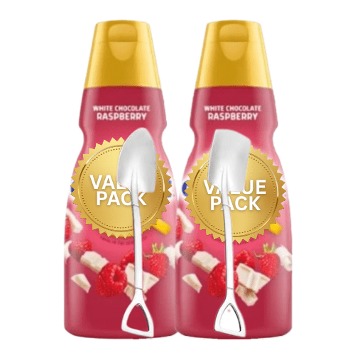 Candy Freezer Int'l Delight Shelf-Stable Non-Dairy Liquid Coffee Creamer Two (2) 32 fl oz Bottles (White Chocolate Raspberry) with Shovel Spoon