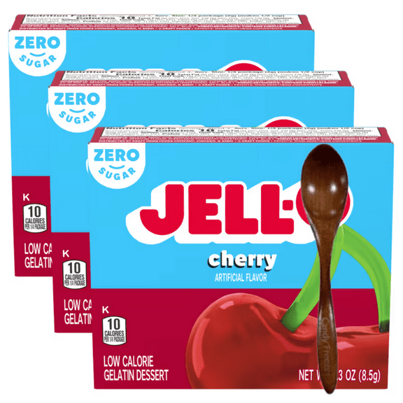 Candy Freezer Jll-0 Gelatin Dessert Mix, 0.3 oz Box (Pack of 3) with Wooden Spoon (Cherry Zero Sugar Flavor) - Wooden Spoon
