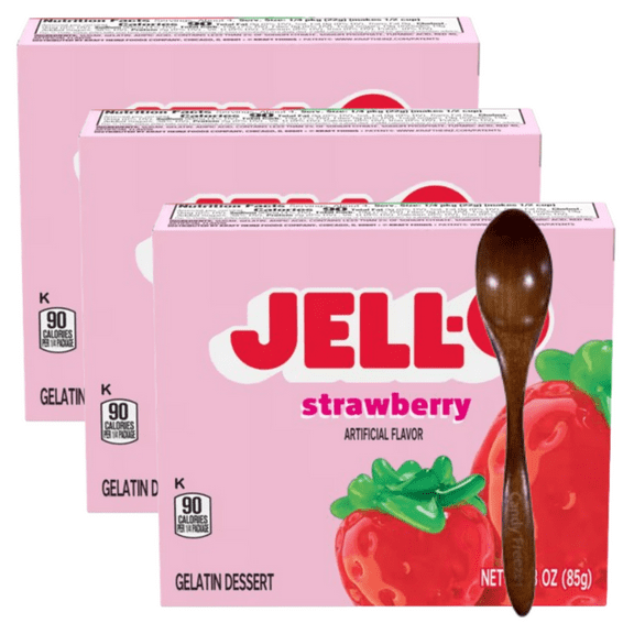 Candy Freezer Jll-0 Gelatin Dessert Mix, 3 oz Box (Pack of 3) with Wooden Spoon (Strawberry Flavor) - Wooden Spoon