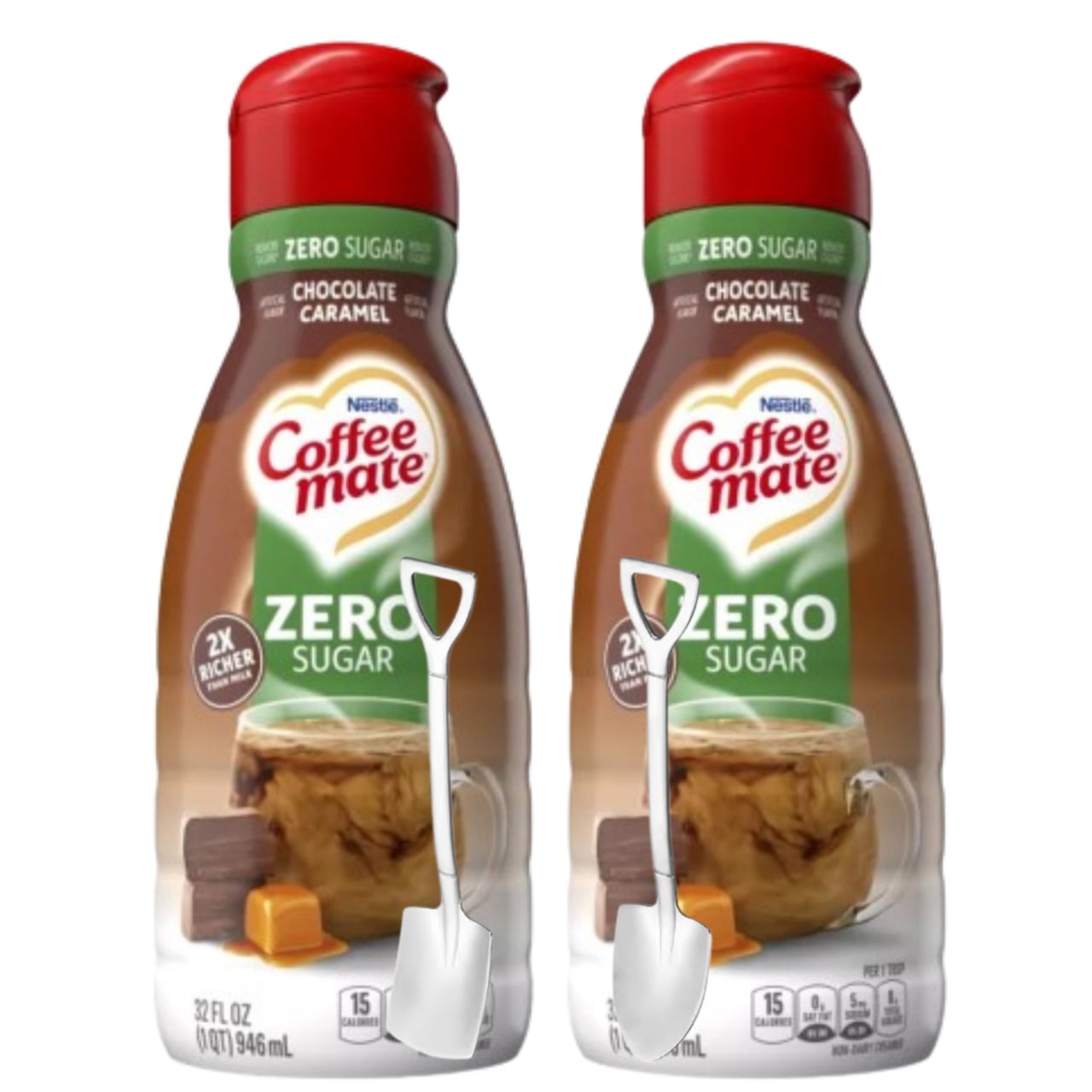 Candy Freezer Liquid Coffee Creamer 32 fl oz (2-Pack) with Mini Metal Spoons  Rich & Creamy Flavor (Sugar Free Chocolate Caramel)ShovelSpoons