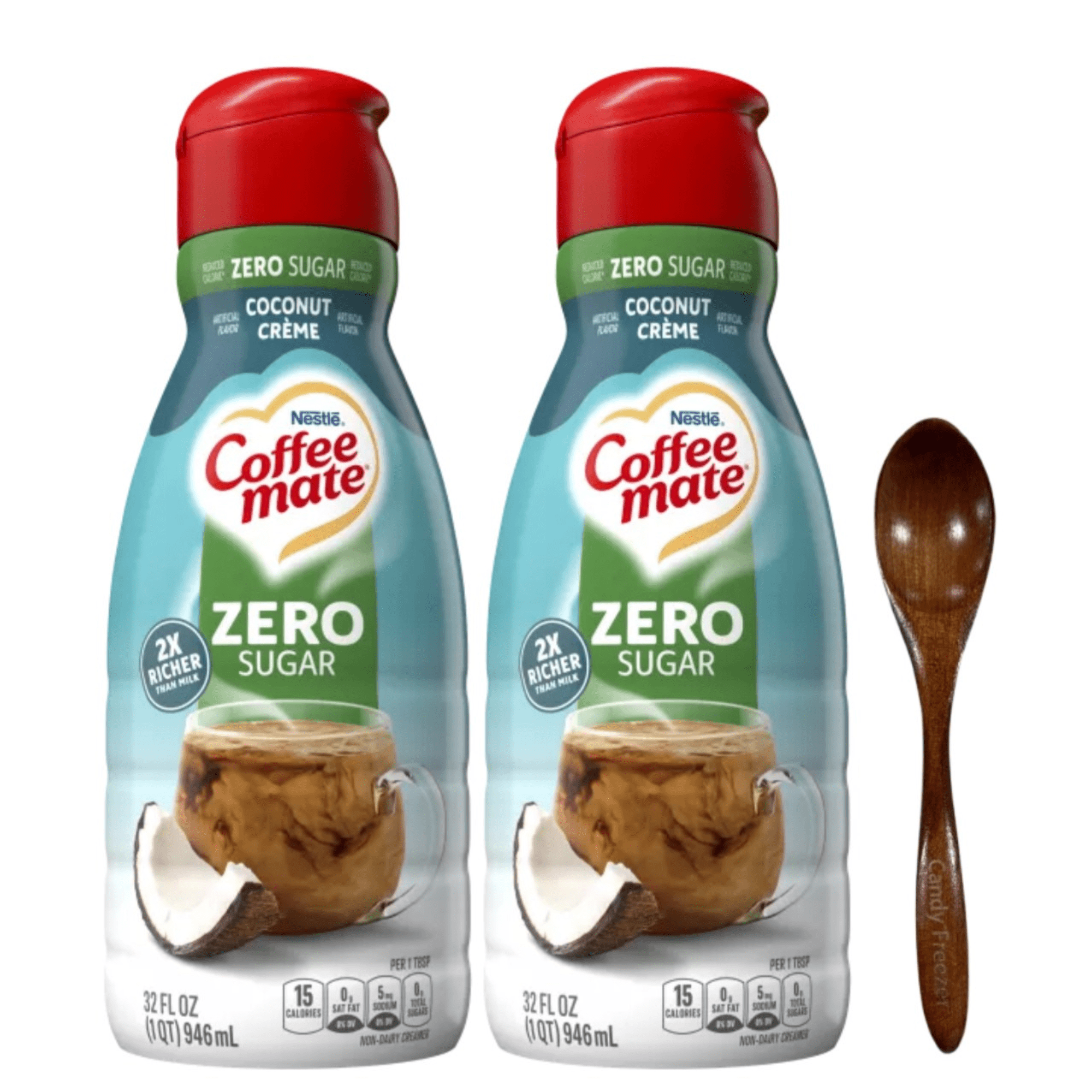 Candy Freezer Zero Sugar Coconut Creme Liquid Coffee Creamer Bundle - Two (2) 32Fl oz Bottles of Smooth and Creamy with Candy Freezer Wooden Spoon