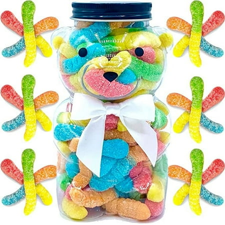 Candy Gift-Ready Plastic Jar, Stuffed With Sweet Gummies Candy - 1 LB Gummie Candies In Bear Shaped Container With Stunning Red Bow - Assorted Gummy Candy, Candy Gift For All Occasions. (Sour Worms)