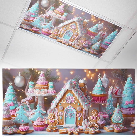 Candy Gingerbread 1 Piece Christmas Tree Light Ball Cute Fantasy Magnetic Fluorescent Light Covers, 2x4 Ft, Magnetic Light Covers for Ceiling Lights Classroom Office Home Decor