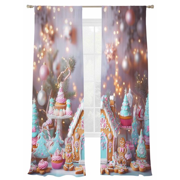 Candy Gingerbread Sheer Curtains 108 inches Long 2 Panels Set Christmas Tree Light Ball Cute Fantasy Tiers Sheers Rod Pocket Small Window Short Curtains for Kitchen Cafe, Each 52" W x 108" L