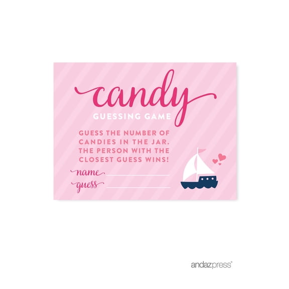 Koyal Wholesale Pink Girl Nautical Baby Shower Collection, Games, Activities, Decorations, Candy Guessing Game Cards, 30-Pack
