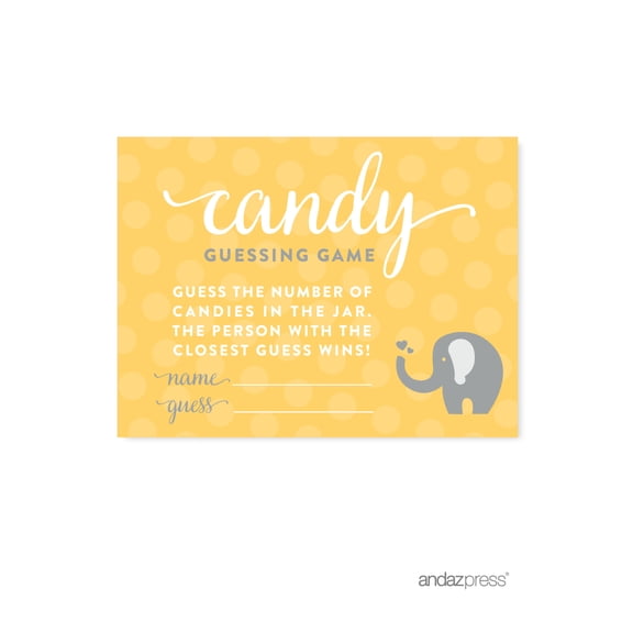 Koyal Wholesale Yellow Gray Gender Neutral Elephant Baby Shower Candy Guessing Game Cards, 30-Pack
