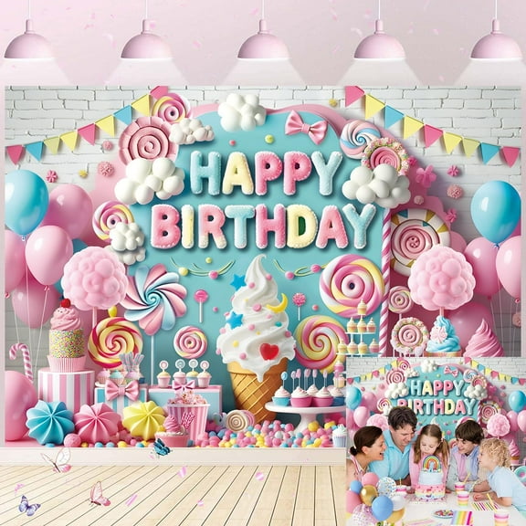 Candy Happy Birthday Backdrop Sweet Donut Ice Cream Lollipop Birthday Photography Background Colorful Candyland Princess Birthday Newborn Baby Shower Party Decorations Banner Supplies