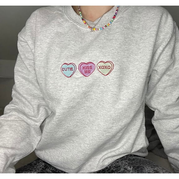 Candy Heart Embroidered Crewneck, Valentines Gift, Gift for Her, Love, Love Sweatshirt, Candy Shirt, Candy Lover Gift, Trendy Sweatshirt