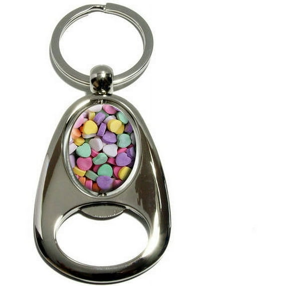 Candy Hearts, Chrome Plated Metal Spinning Oval Design Bottle Opener Keychain Key Ring