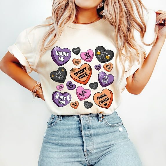 Candy Hearts Halloween Shirt, Retro Halloween Shirts, Halloween Shirt, Halloween Candy T-Shirt, Spooky Vibes Shirt, Pumpkin Bats Ghost Shirt, Spooky Season Tee