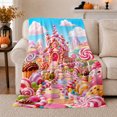 thumbnail image 1 of Candy House with Lollipop Path Cupcakes Gumdrops and Pastel Hills, Playful Fantasy Style for Candy Lovers, Cozy Flannel Blanket for Playroom and Bedroom, Birthday Gift, Home Decor, 1 of 9