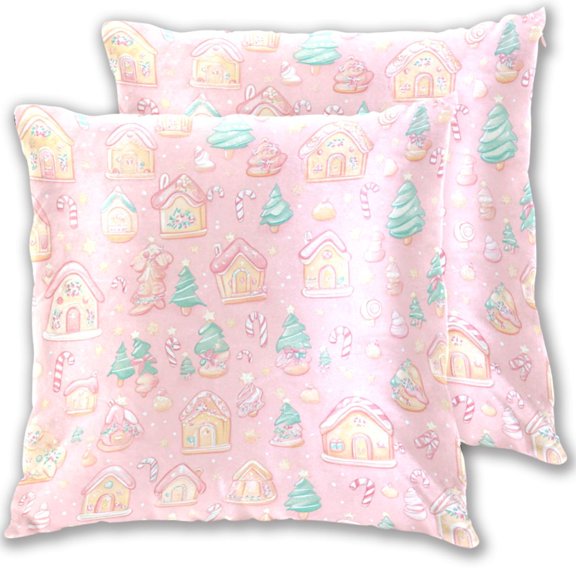 Candy House Pattern 16x16in 2-Piece Cotton Fleece Throw Pillow Covers, Shrink Resistant, Hidden Zip