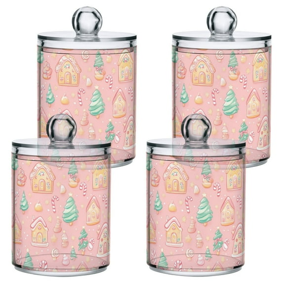 Candy House Pattern Bathroom Canisters Set of 4 Translucent Plastic Storage for Cotton Pads and Floss