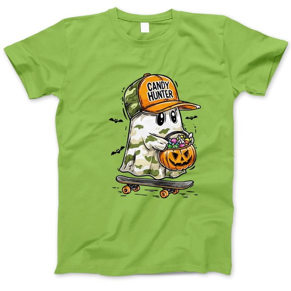 Candy Hunter Halloween T-Shirt, Cute Ghost Skateboard Trick-or-Treat Tee, Pumpkin Candy Bucket Shirt, Fun Spooky Season Gift for Teen Boys Girls Adults