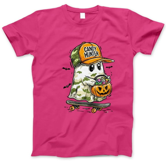 Candy Hunter Halloween T-Shirt, Cute Ghost Skateboard Trick-or-Treat Tee, Pumpkin Candy Bucket Shirt, Fun Spooky Season Gift for Teen Boys Girls Adults
