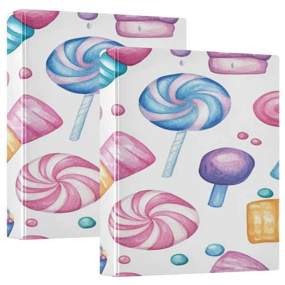 Candy Ice Cream Pattern 12.4x10.6in PVC Round Ring Binders, 2-Pack, D-Ring 3-Hole, Metal Clip