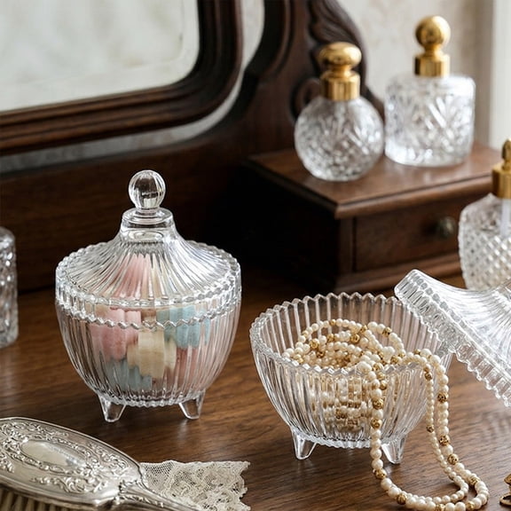 Candy Jar, Clear Glass with Lid, Diamond Cut Design, Decorative Home Accent, Versatile Organizer for Small Items, Stylish Countertop Display, Elegant Storage Container