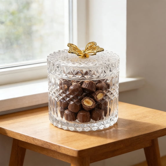 Candy Jar, Vintage Clear Glass Candy Jar Metal Butterfly, Handle Decorative Jewelry Storage, Canister For Home Office Kitchen Table Centerpiece Display Use