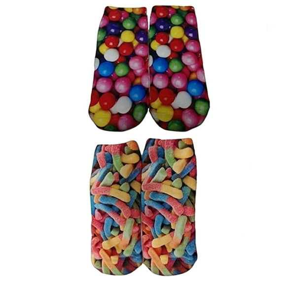 Candy Junior Themed Women's No Show Socks-2 Pairs (Gummy Worms/Gumballs)