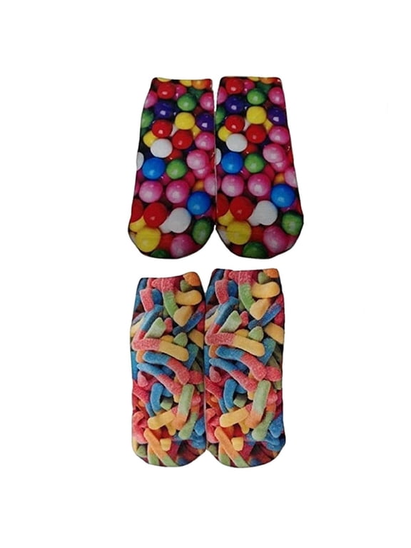 Candy Junior Themed Women's No Show Socks-2 Pairs (Gummy Worms/Gumballs)