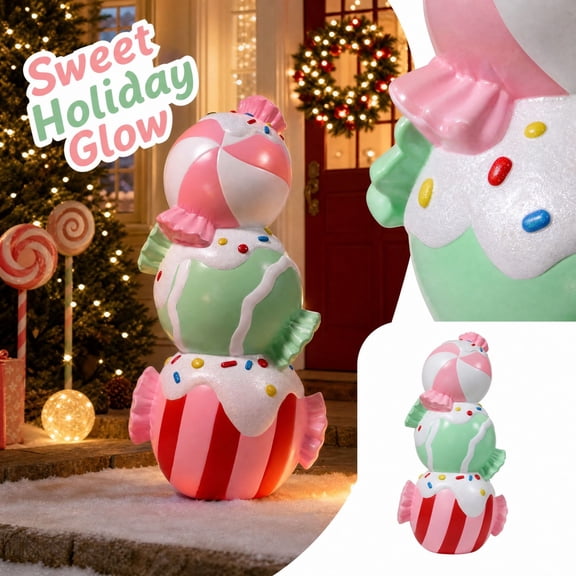 Candy Land Christmas Stacked Yard Decor, LED Lighted Sweet Holiday Glow Candy, Pink Green Festive Outdoor Lawn Decoration