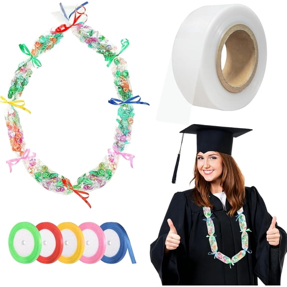 Candy Lei Tubing 2 Inch X 328 FT Graduation Candy Lei Making Kit with 5 Rolls Ribbon Clear Lei Making Supplies Poly Tubing Roll for DIY Graduation Wreaths Packing Snacks