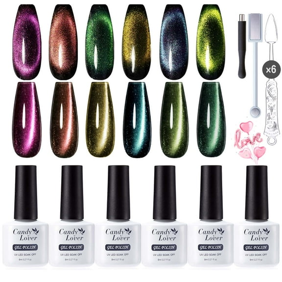 Candy Lover 9D Cat Eye Gel Nail Polish Kit, 6 Rainbow Sparkle Holographic Glitter Gel Polish with 2 Magnets, Soak Off UV LED Nail Polish, Manicure Gift Set for Women