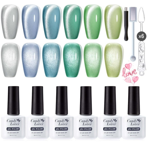 Candy Lover Cat Eye Gel Nail Polish Kit, 6 Green Blue Holographic Glitter Gel Polish with 2 Magnets, Soak Off UV LED Nail Polish, Manicure Gift Set for Women