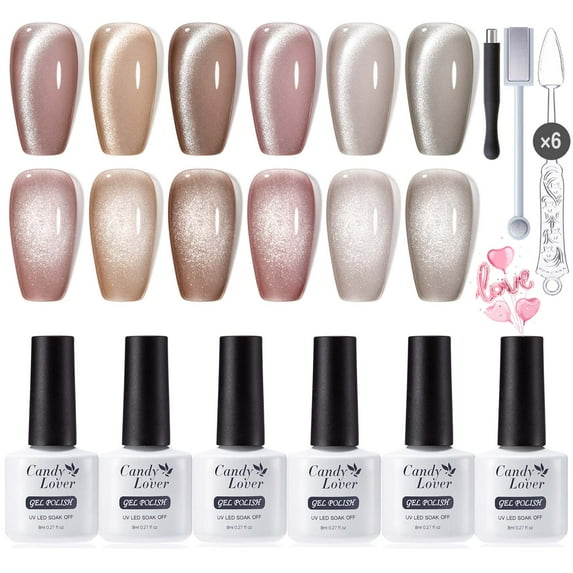 Candy Lover Cat Eye Gel Nail Polish Kit, 6 Pink Orange Grey Holographic Glitter Gel Polish with 2 Magnets, Soak Off UV LED Nail Polish, Manicure Gift Set for Women