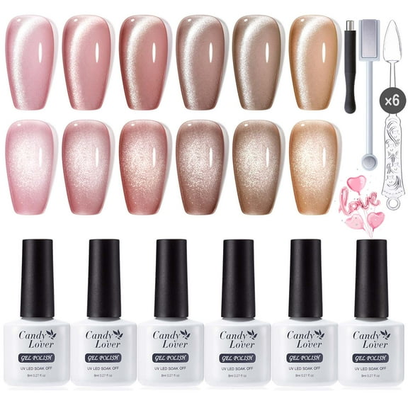 Candy Lover Cat Eye Gel Nail Polish Kit, 6 Pink Brown Holographic Glitter Gel Polish with 2 Magnets, Soak Off UV LED Nail Polish, Manicure Gift Set for Women