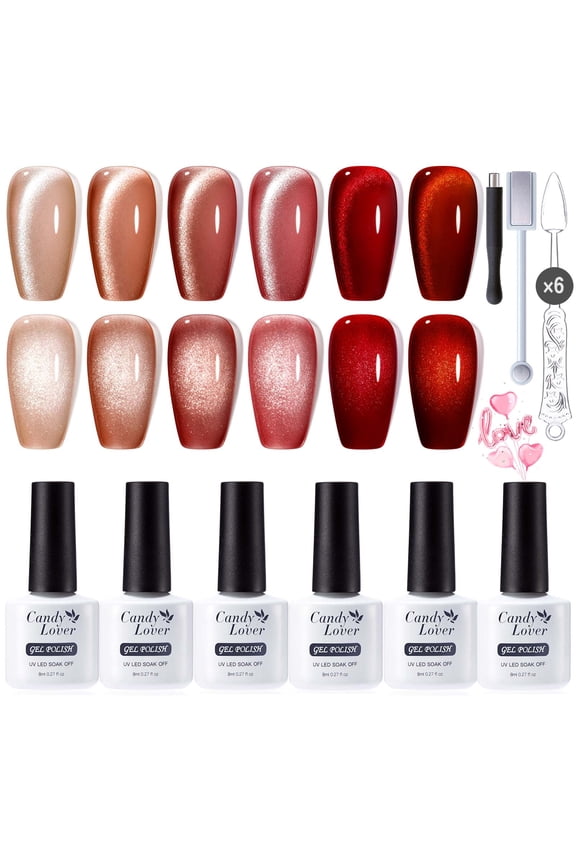 Cat Eye Gel Nail Polish Kit, 6 Hot Red Holographic Glitter Gel Polish with 2 Magnets, Soak Off UV LED Nail Polish, Manicure Gift Set for Women