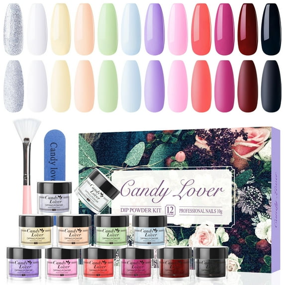 Candy Lover Dip Powder, 12 Colors Candy Rainbow Dip Nail Powder Kit with Dust Brush and Nail File, Nail Art All Season Series Dip Powder Nail Kit for Girls Women Manicure