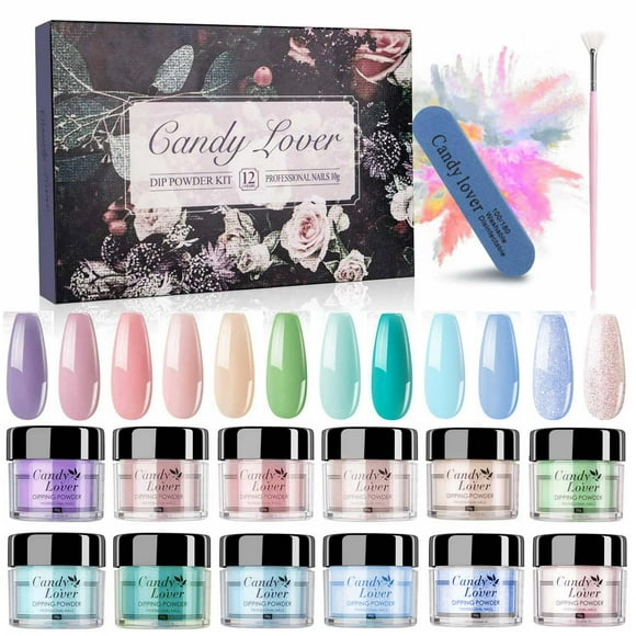 Candy Lover Dip Powder, 12 Colors Pink Purple Green Dip Nail Powder Kit with Dust Brush and Nail File, Nail Art Winter Series Dip Powder Nail Kit for Girls Women Manicure