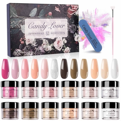 Candy Lover Dip Powder, 12 Colors Nudes Pink Brown Dip Nail Powder Kit with Dust Brush and Nail File, Nail Art Fall Series Dip Powder Nail Kit for Girls Women Manicure