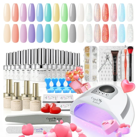 Candy Lover Gel Nail Kit with UV Lamp, 16 Colors Macaron & Glitter Gel Nail Polish Set, 132W UV Nail Light & Nail Art Accessories, Valentine's Gift for Girls Women