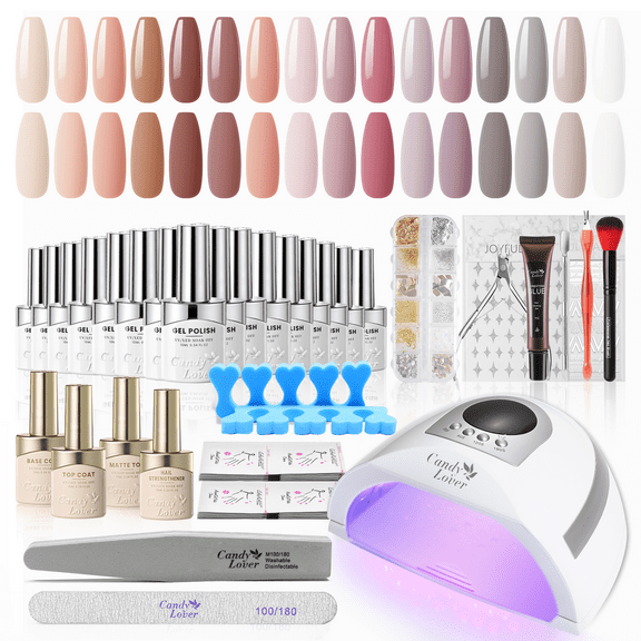 Candy Lover Gel Nail Kit with UV Lamp, 16 Colors Soft Nudes Gel Nail Polish Set, 132W UV Nail Light & Nail Art Accessories, Valentine's Gift for Girls Women
